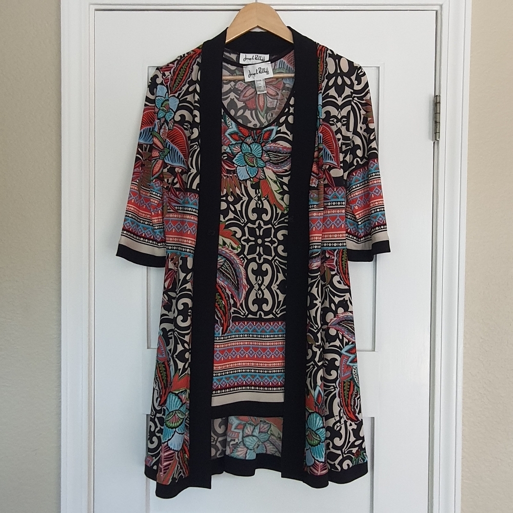 Joseph Ribkoff Vibrant Patterned Top With Short Sleeve Cardigan Stretchy Bold